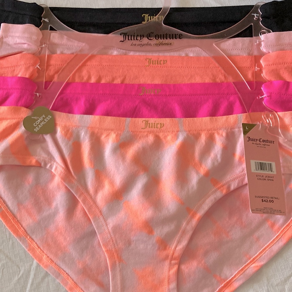 Juicy couture women’s bikini underwear. Size Large, 5 pairs. 90% nylon seamless